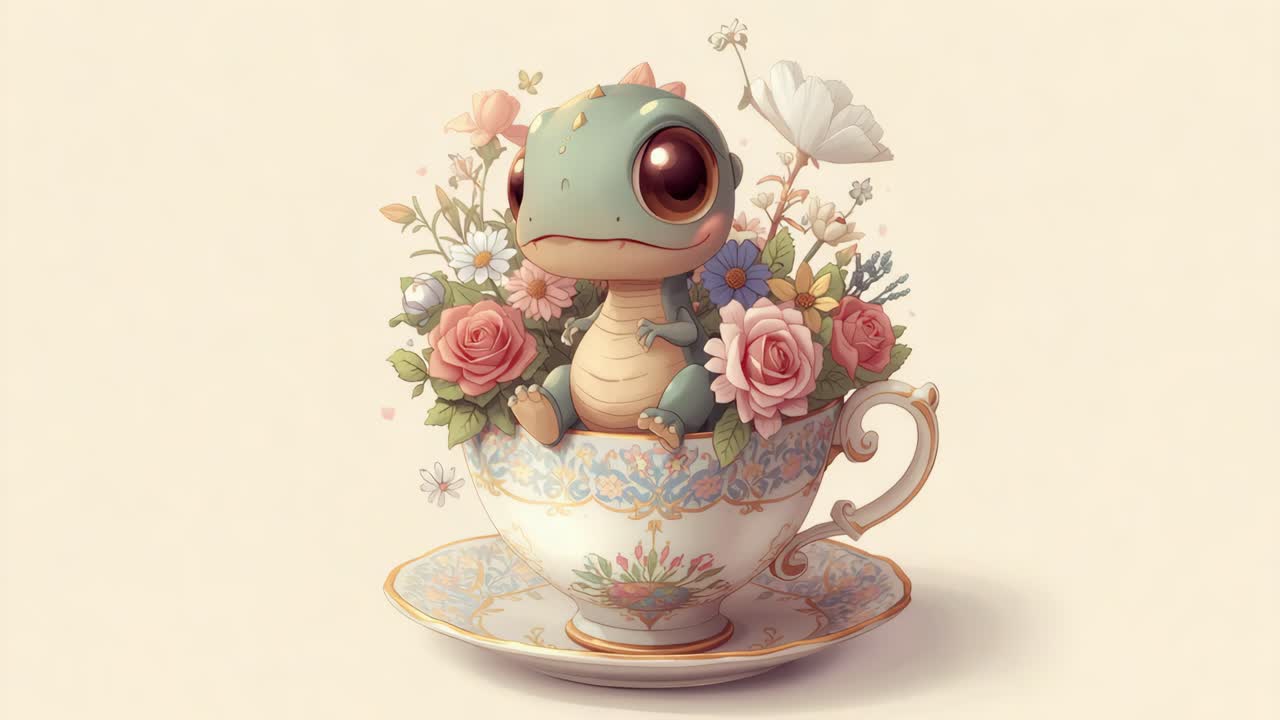 Cute Dinosaur in a Teacup with Flowers
