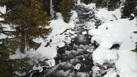 water running down into mountain forest during winter season