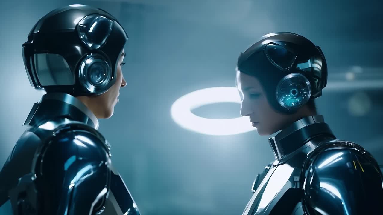 dos robots femeninos con trajes futuristas se miran fijamente a los ojos