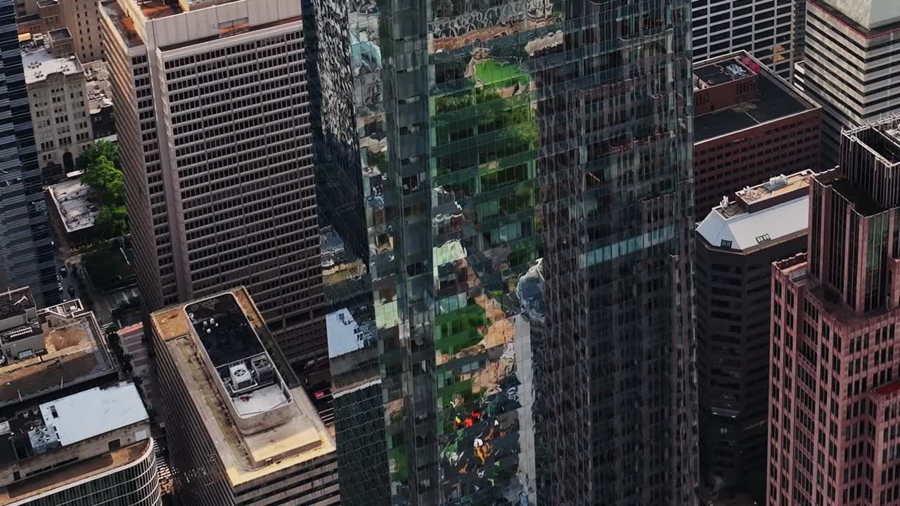 Aerial view of downtown Philadelphia's architecture and activity