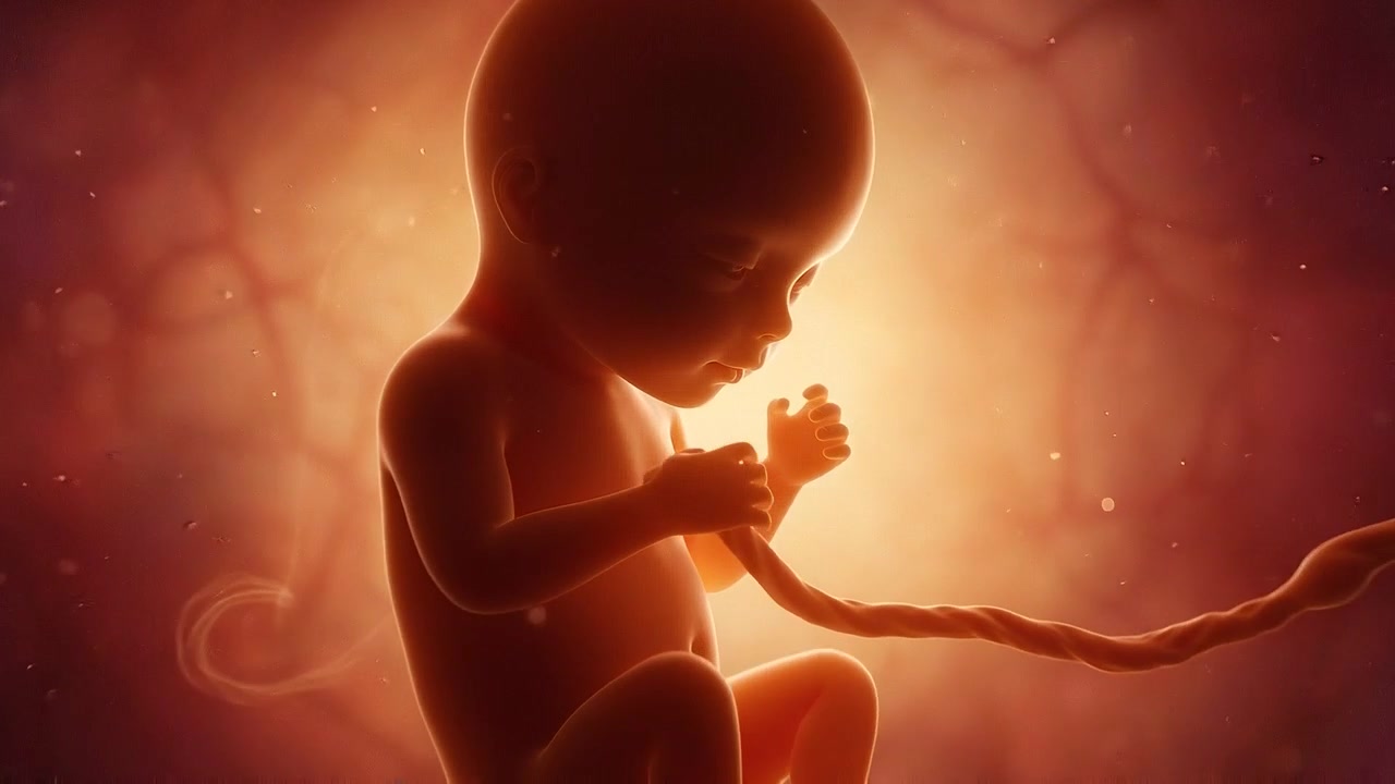 Rendering 3D di un feto umano che si sviluppa nell'utero con una luce ambientale calda