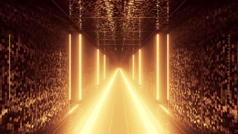 Caminando-Por-Un-Camino-Dorado-Brillantemente-Iluminado-En-Una-Arquitectura-Futurista-De-Pasillo,-Animación-Gráfica-3d-Cgi-Renderizada