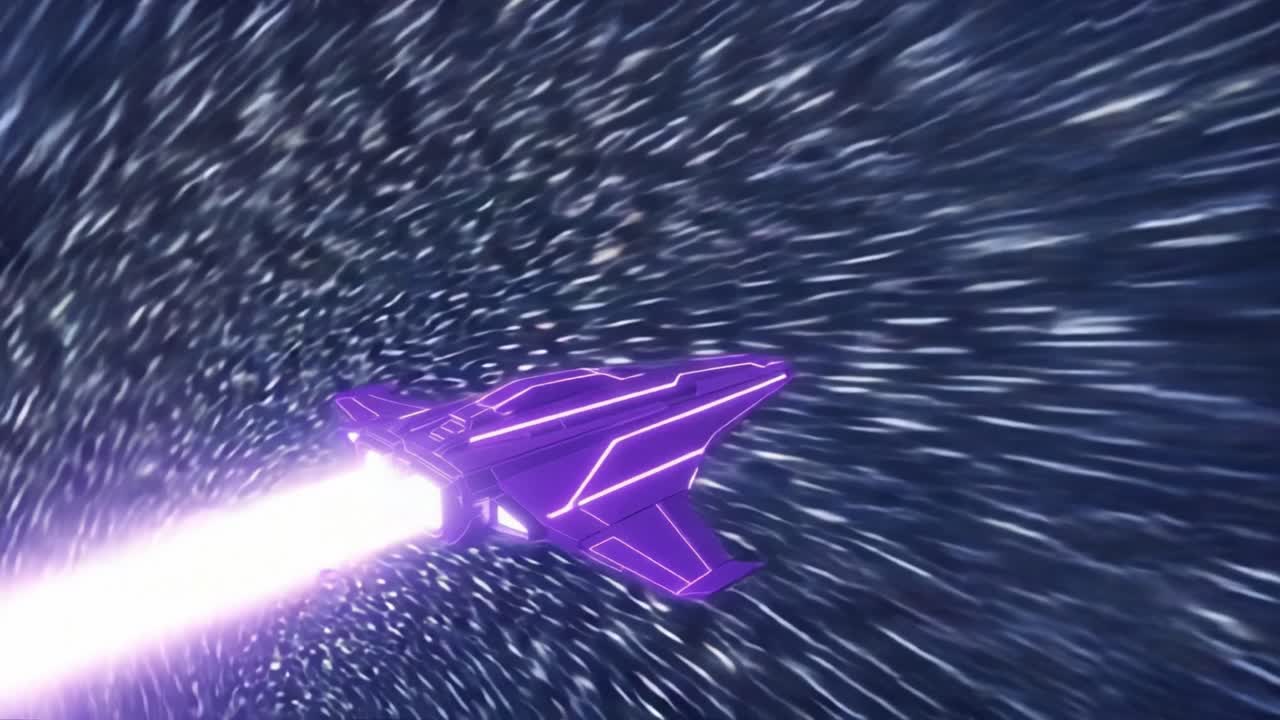 A Thrilling Journey Through Space: A Futuristic Purple Starship Navigates the Cosmic Vortex with Incredible Speed and Stunning Visual Effects, Leaving Trails of Light Behind