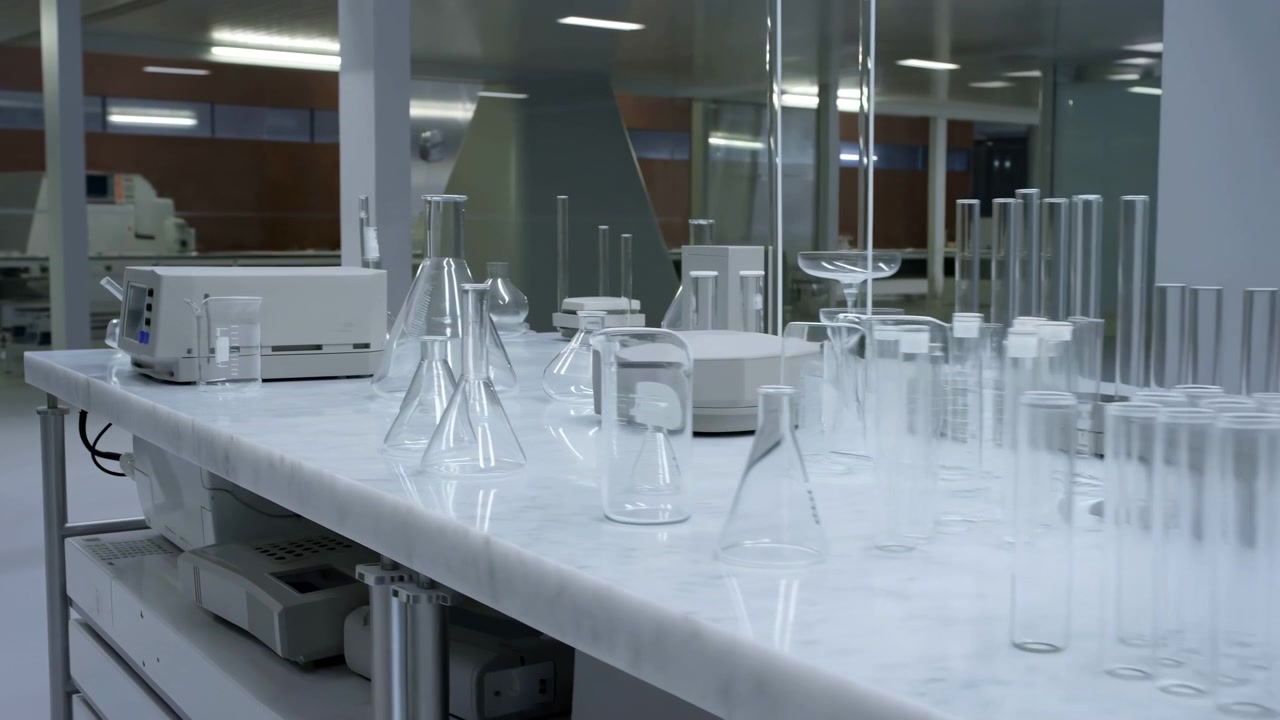 Bright modern laboratory workspace with clear glass flasks, beakers, tall test tubes, and compact scientific instruments arranged on white bench inside reflective research room with cool fluorescent