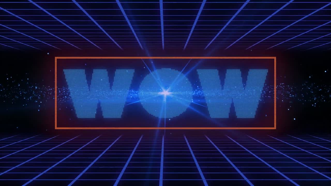 검은 바탕에 빛의 흔적과 반점 위에 와우 텍스트의 애니메이션