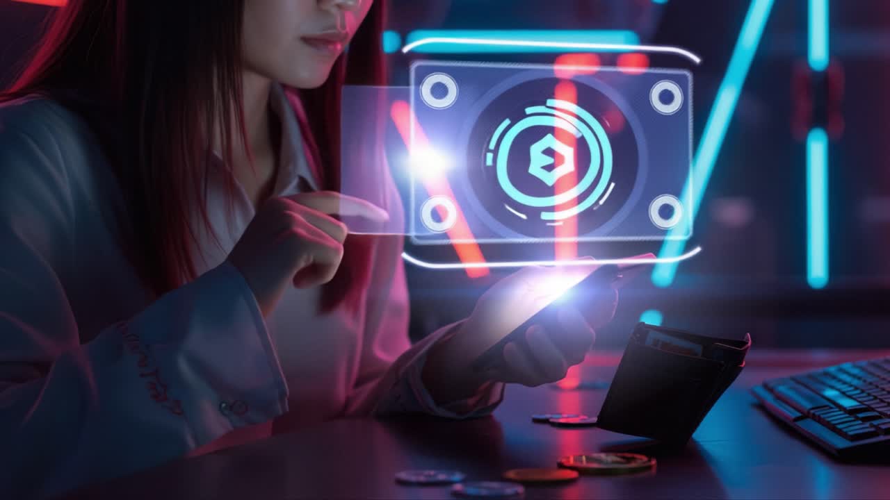 Exploring Digital Finance: A Woman Engaged in Secure Transactions Through a Smartphone Surrounded by Futuristic Neon Lights Representing Technology and Innovation