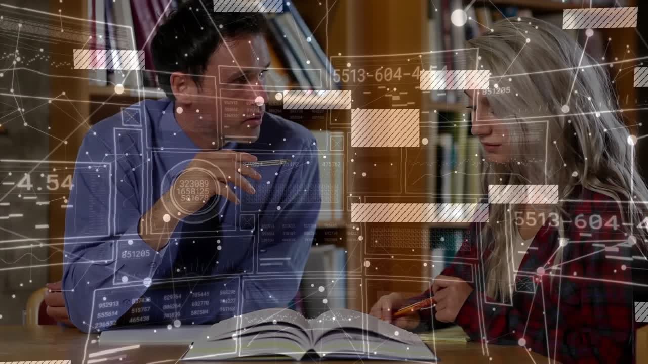 Tutor noticing confusion pointing at textbook line and clarifying study steps amid data bars