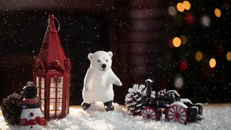 animación de decoración navideña con linterna, oso y nieve cayendo