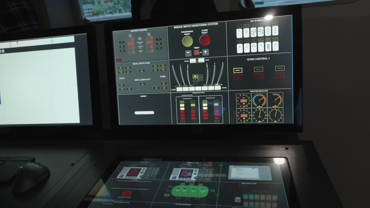 A close-up of a modern ship bridge simulator's control station, featuring multiple monitors and a large touch screen displaying complex system data and controls
