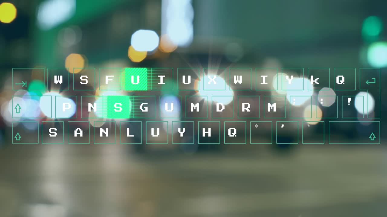 Animation of illuminated pattern moving on letters over blurred vehicles stopped on signal