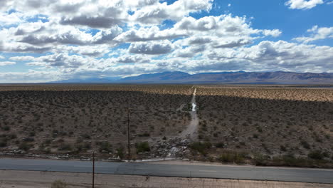 mojave desert landscape with sheep along the road - sliding aerial view