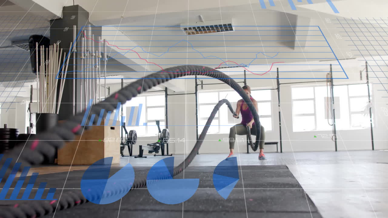 análisis de datos de fitness animación sobre mujer haciendo ejercicio con cuerdas de batalla en el gimnasio