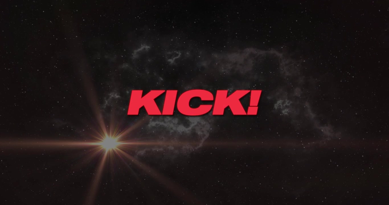 Red letter K appearing red title animating into KICK! as flare traveling revealing logo over nebula