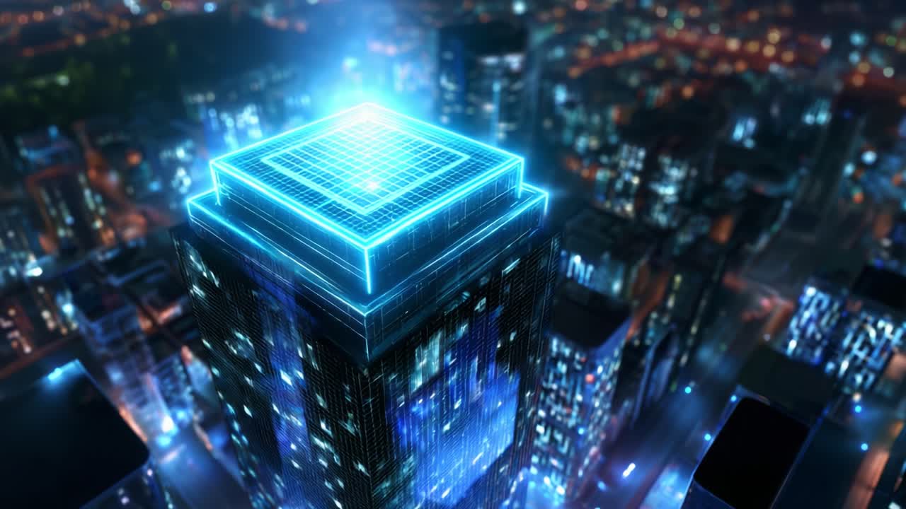 A Glowing Futuristic Skyscraper Surrounded by City Lights at Night, Featuring a Brilliantly Lit Rooftop with High-Tech Design Elements and Digital Interface Visuals in an Urban Skyline Setting