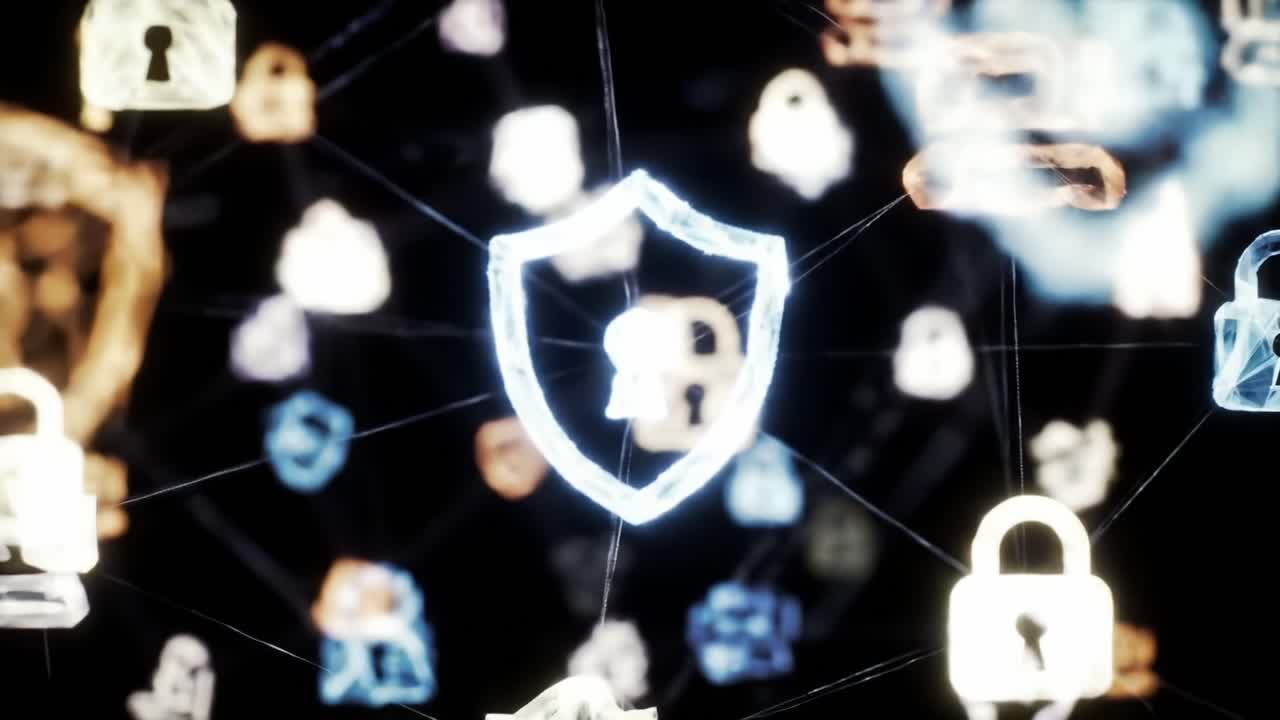 Exploring Digital Security: An Abstract Visualization of Locks and Shields Representing Cyber Protection and Data Integrity in a Networked Environment