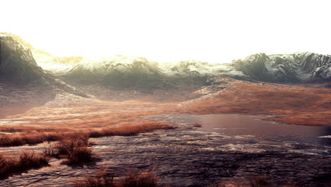 snowy mountain landscape with pond