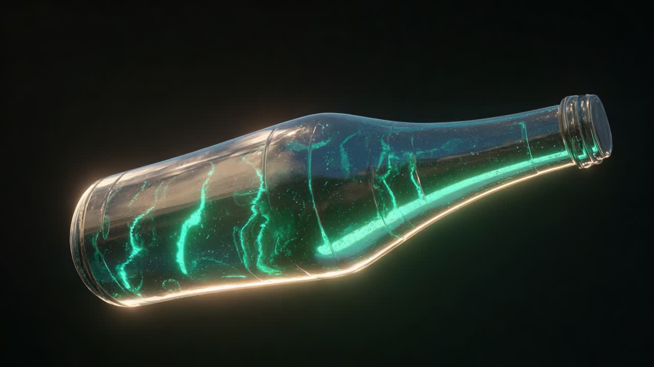 A captivating close-up of a translucent glass bottle showcasing vibrant swirling neon colors, illuminated against a dark backdrop, highlighting intricate patterns within the liquid