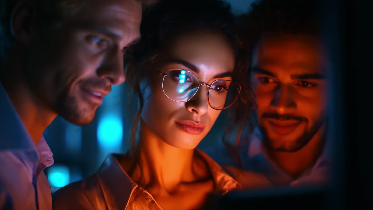 A group of three individuals closely engaging with a digital screen, showcasing expressions of curiosity and intrigue, illuminated by a warm blue and orange glow that enhances the atmosphere of collaboration and discovery