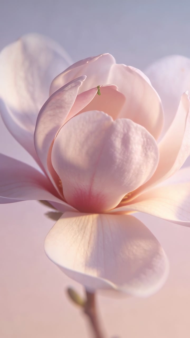 Vertical video: Opening pink blossom prompted by warm light in studio, revealing stamens and mirror