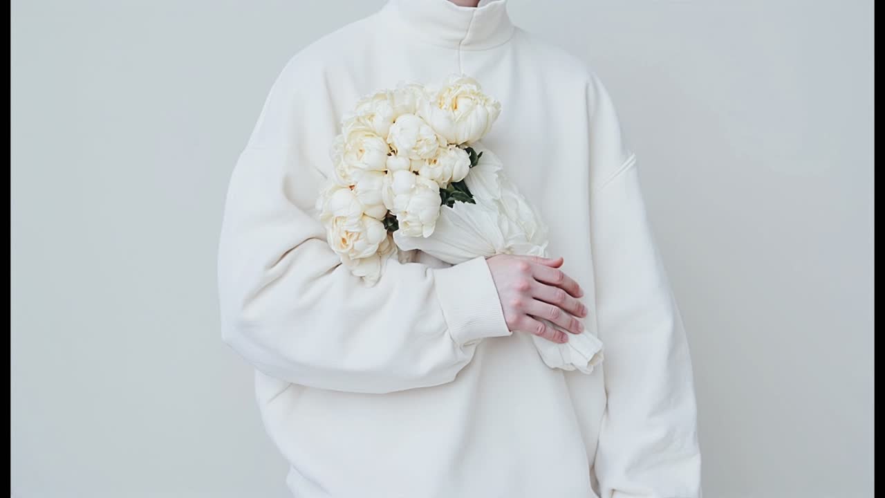 Woman holding a bouquet of peonies in a white sweater