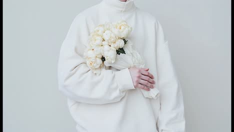 woman holding a bouquet of peonies in a white sweater