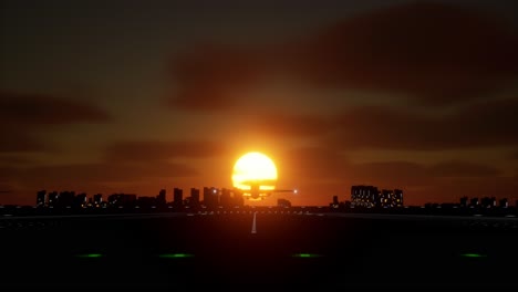 airplane landing at sunset over city