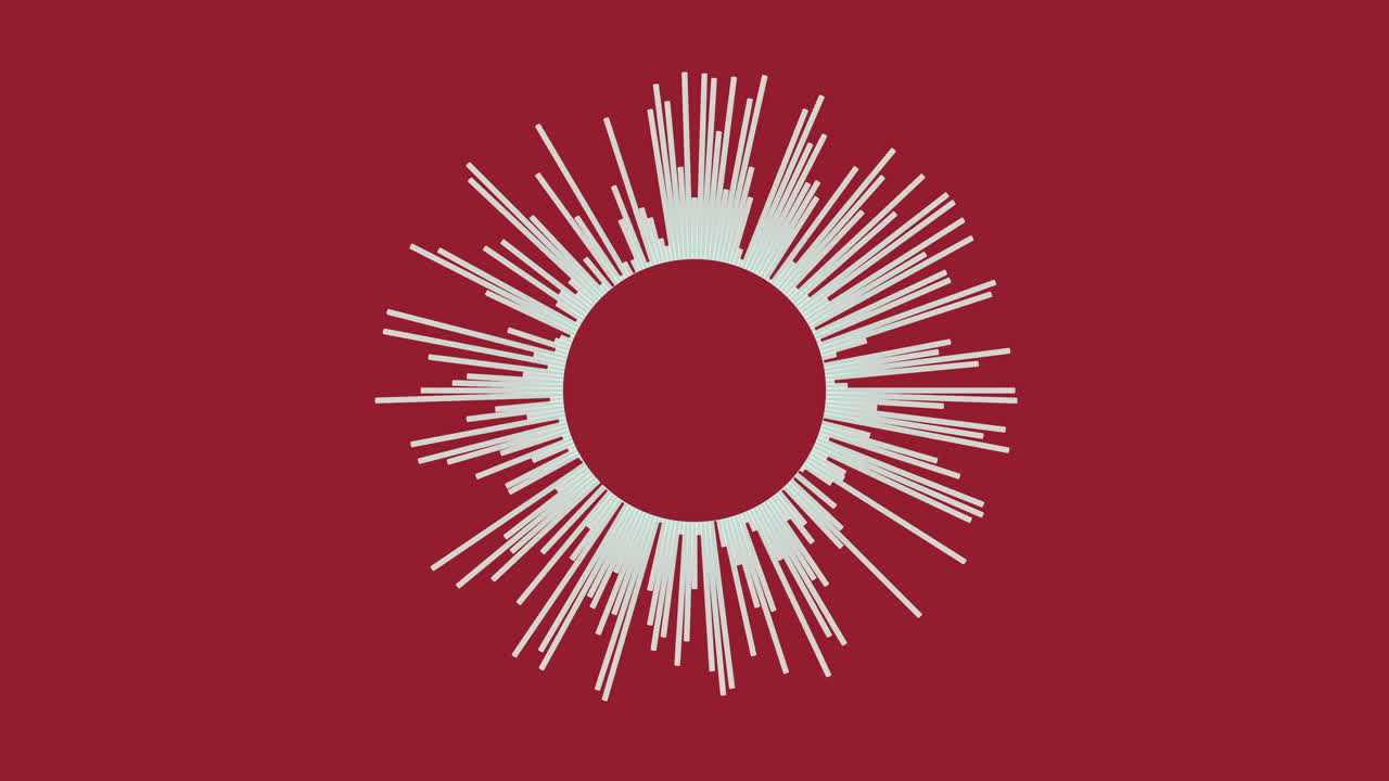 A striking red background serves as the canvas for a simplistic circular design featuring a vibrant sunburst pattern composed of thin, white radiating lines emanating from the center