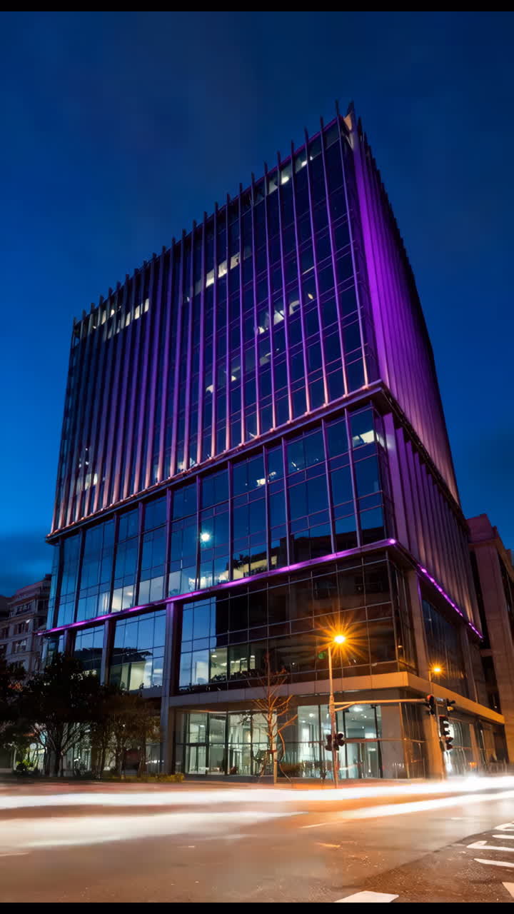 Time lapse di un moderno edificio cittadino con luci viola di notte