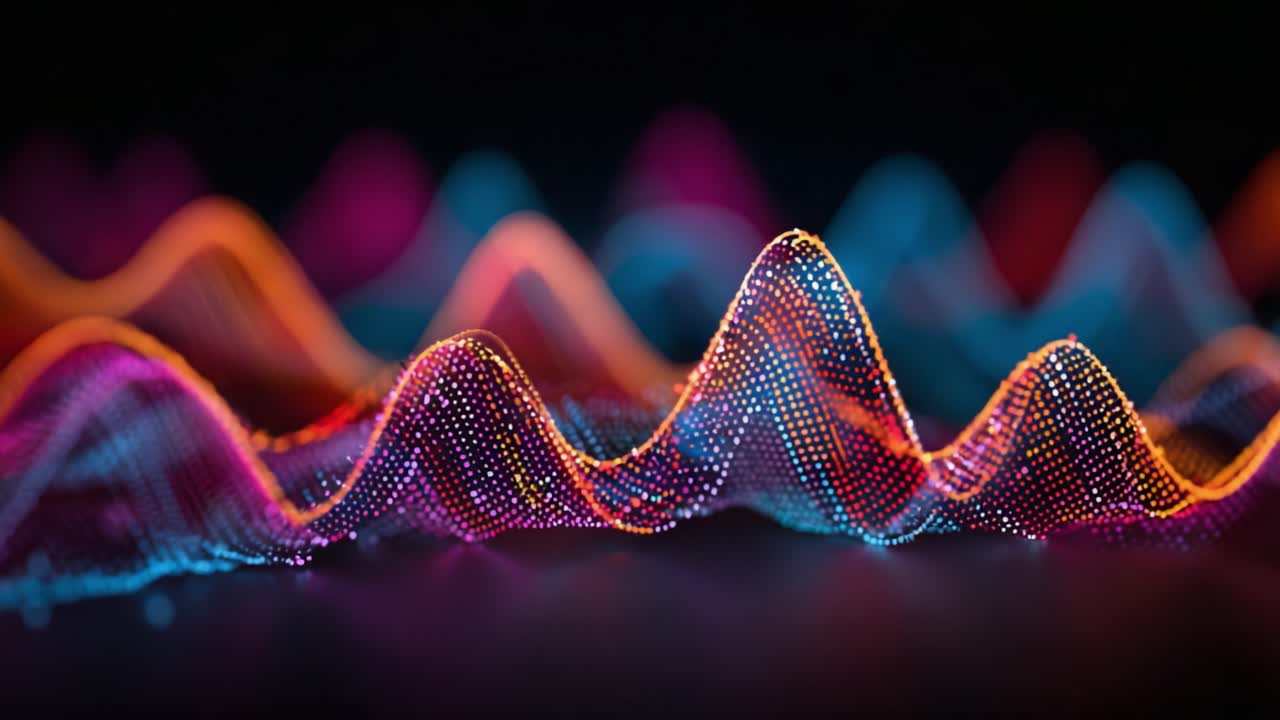 Dynamic Visualization of Digital Waveforms in Vibrant Color Spectrum, Capturing the Intricacies of Sound Waves and Their Fluid Motion Through Digital Artistry