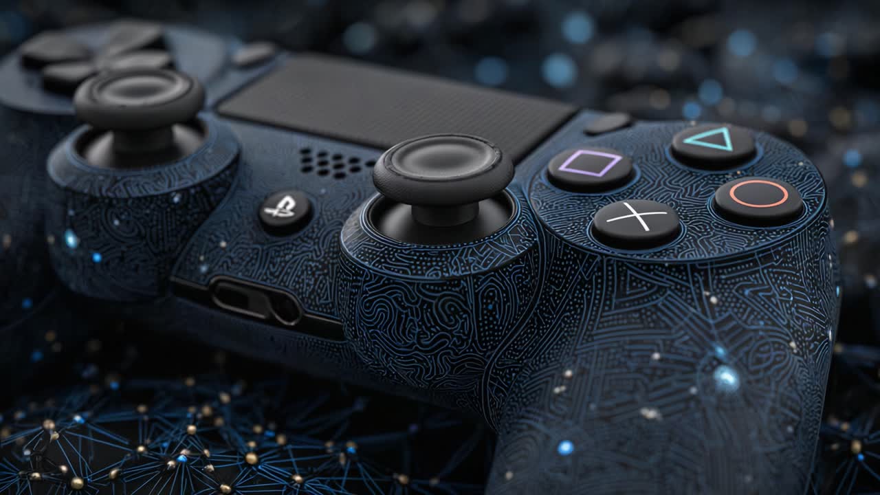 Un controller di gioco dal design elegante su uno sfondo di ispirazione tecnologica caratterizzato da motivi intricati e colori vivaci che migliorano l'esperienza di gioco.
