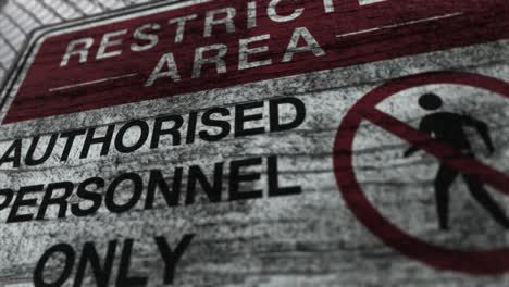 high quality 3d cgi render with a close up orbiting shot of a chainlink fence at a high security installation in a desert scene, with a restricted area - authorised personnel only sign