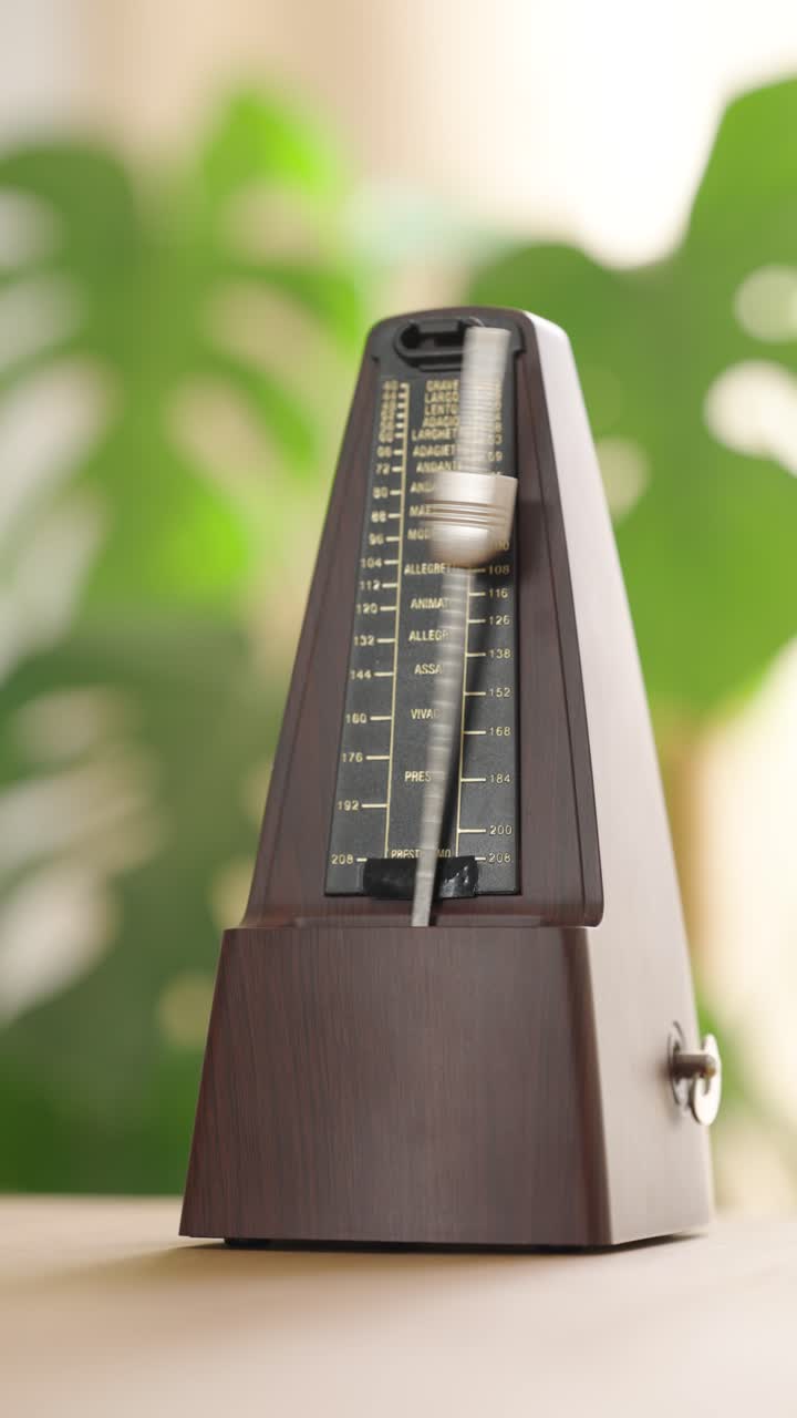 Classic wooden metronome ticking rhythmically in bright room
