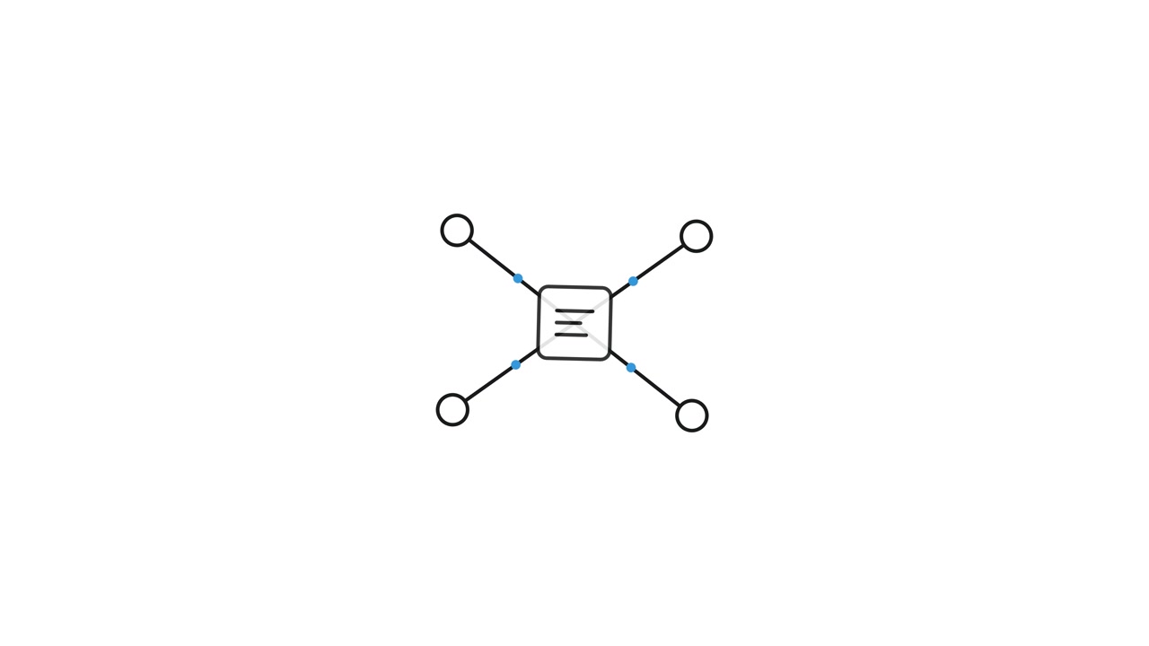 Animated Line Drawing of a Central Square Connected to Four Circles