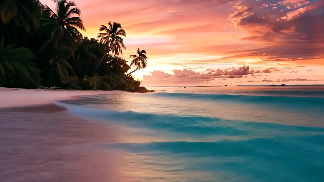 Spiaggia tropicale al tramonto con palme e onde leggere
