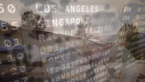 tablero de información del aeropuerto y células de covid-19 flotando contra el avión en el aeropuerto