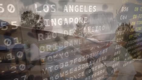 airport information board and covid-19 cells floating against airplane in the airport