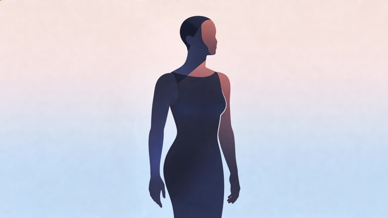 Figura em movimento em transição de quadro, abaixando os braços, virando a cabeça e desviando o olhar em um vestido escuro com gradiente.