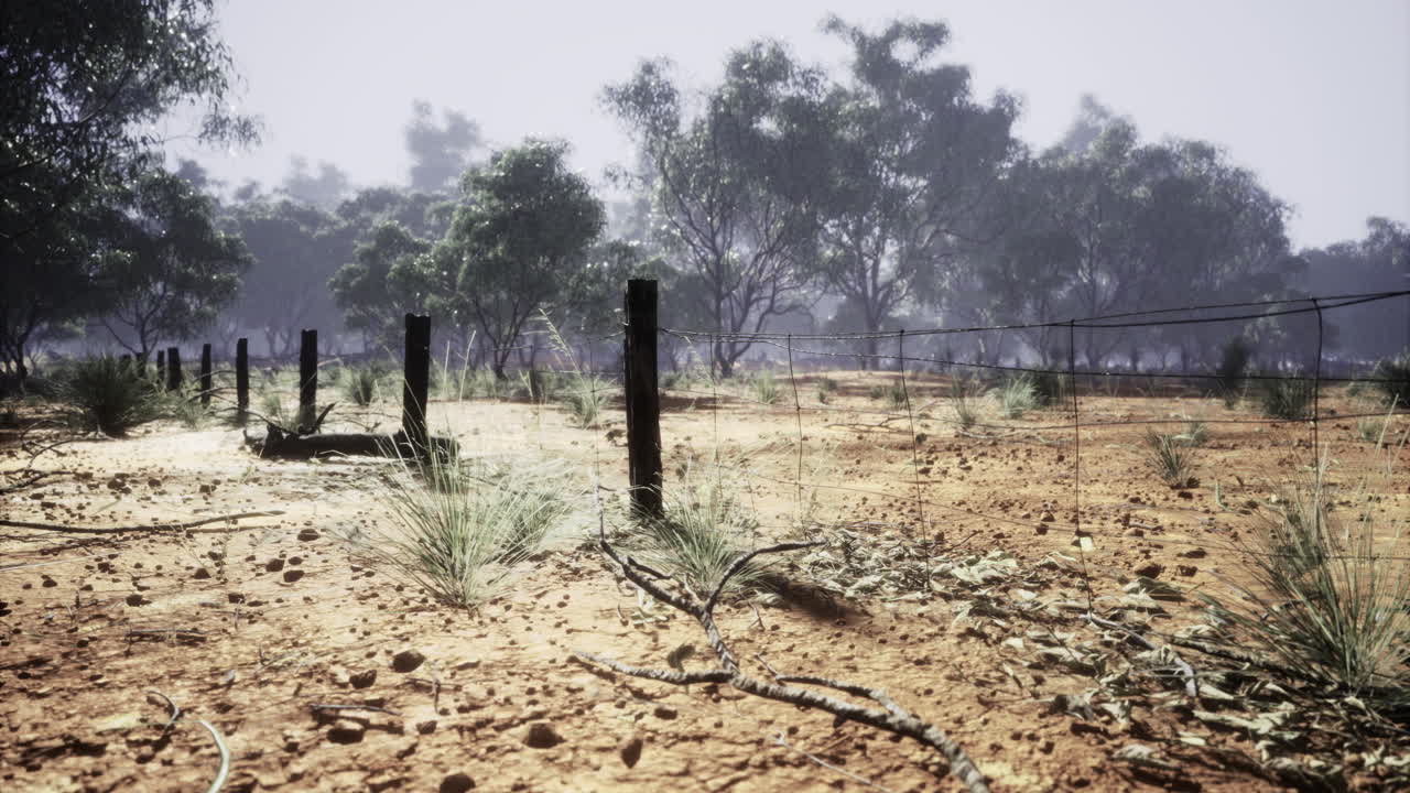Dusty landscape with barbed wire fence under hazy sky in remote area