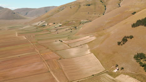 Aerial-View-Of-Countryside-Fields-And-Mountains-In-Bosco-Italia-Near-Piana-Grande-In-Castelluccio-di-Norcia,-Italy