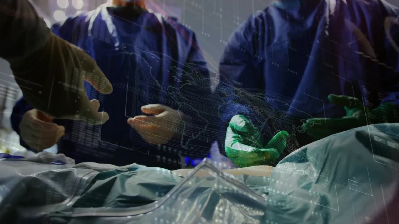 animación del procesamiento de datos sobre cirujanos caucásicos durante la cirugía