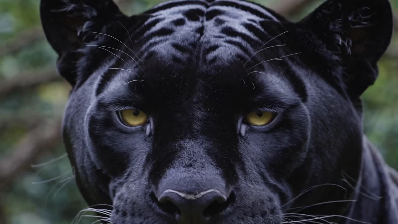 Close-up video of a black panther's face, showcasing its intense gaze