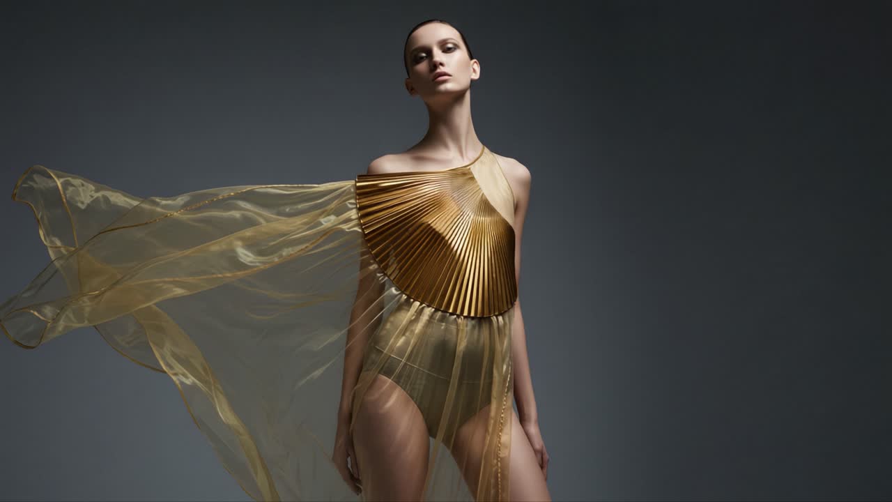 Un'affascinante moda dorata che mette in mostra drappeggi eleganti e design audaci, evidenziando una modella con un completo dorato trasparente e leggero in un'ambientazione di moda sorprendente.