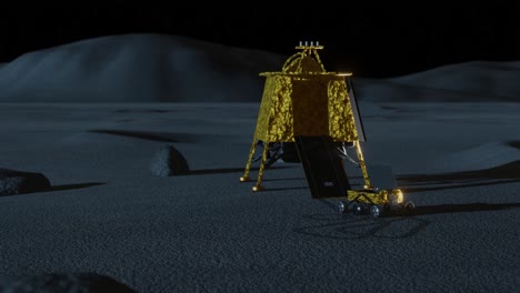 Animación-En-3D-Del-Rover-Y-El-Módulo-De-Aterrizaje-De-La-India-Solos-En-La-Luna-Por-La-Noche