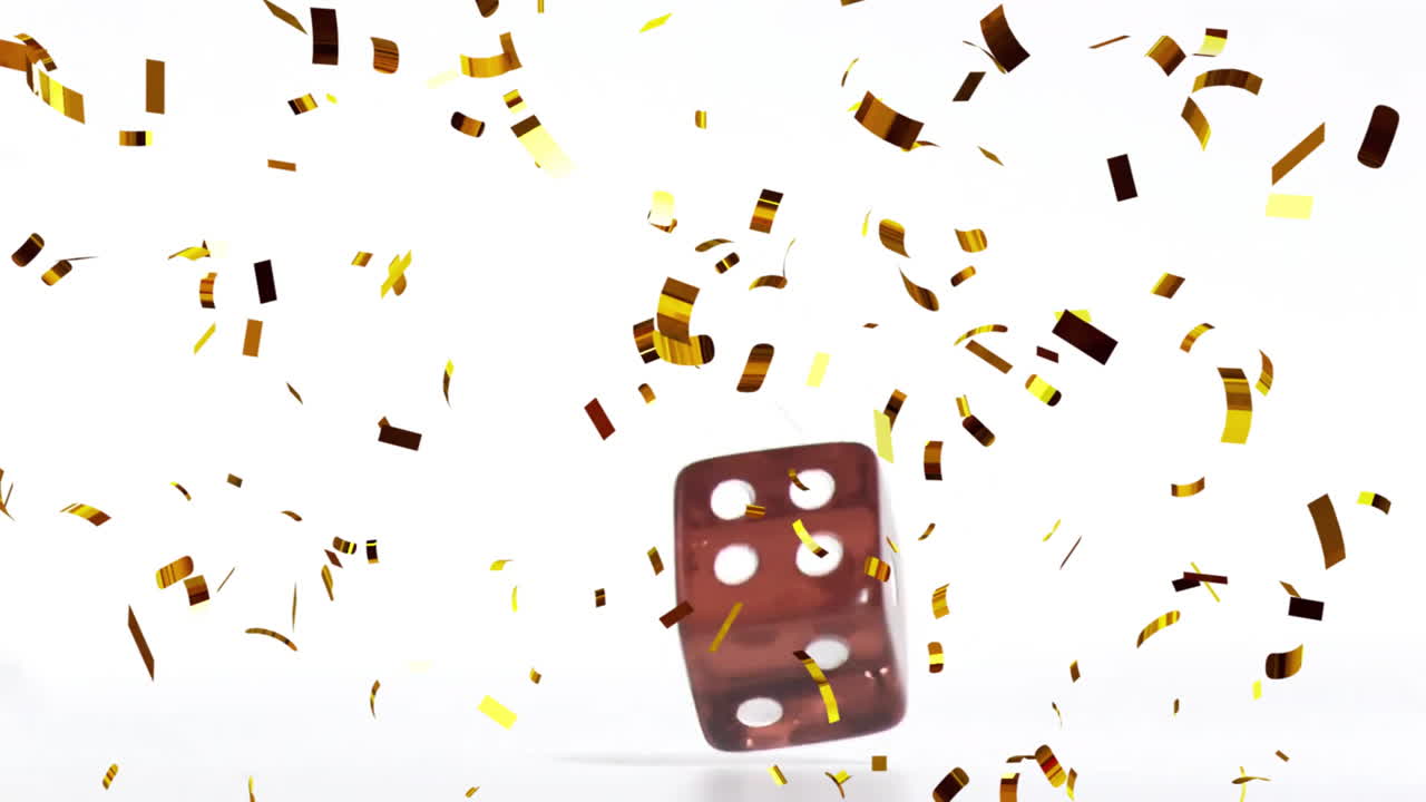 Animation af røde terninger og konfetti på hvid baggrund