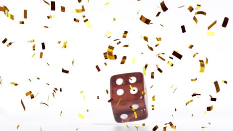 animation of red dice and confetti on white background