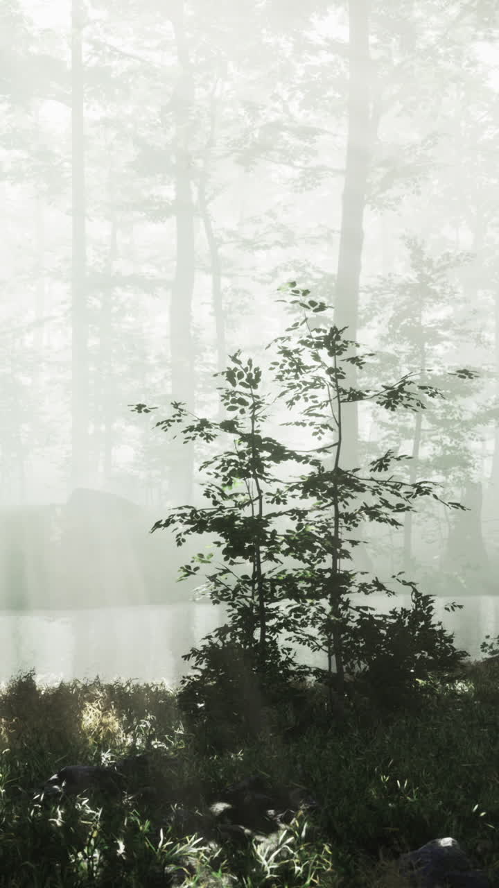 Mystical forest landscape with soft sunlight filtering through misty trees