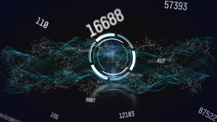 Animazione di un cerchio in elaborazione su numeri e onde su sfondo nero