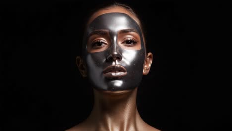 a stunning close-up of a woman with a metallic facial mask, harmonizing beauty and confidence against a dark backdrop, exuding elegance and artistry in skincare