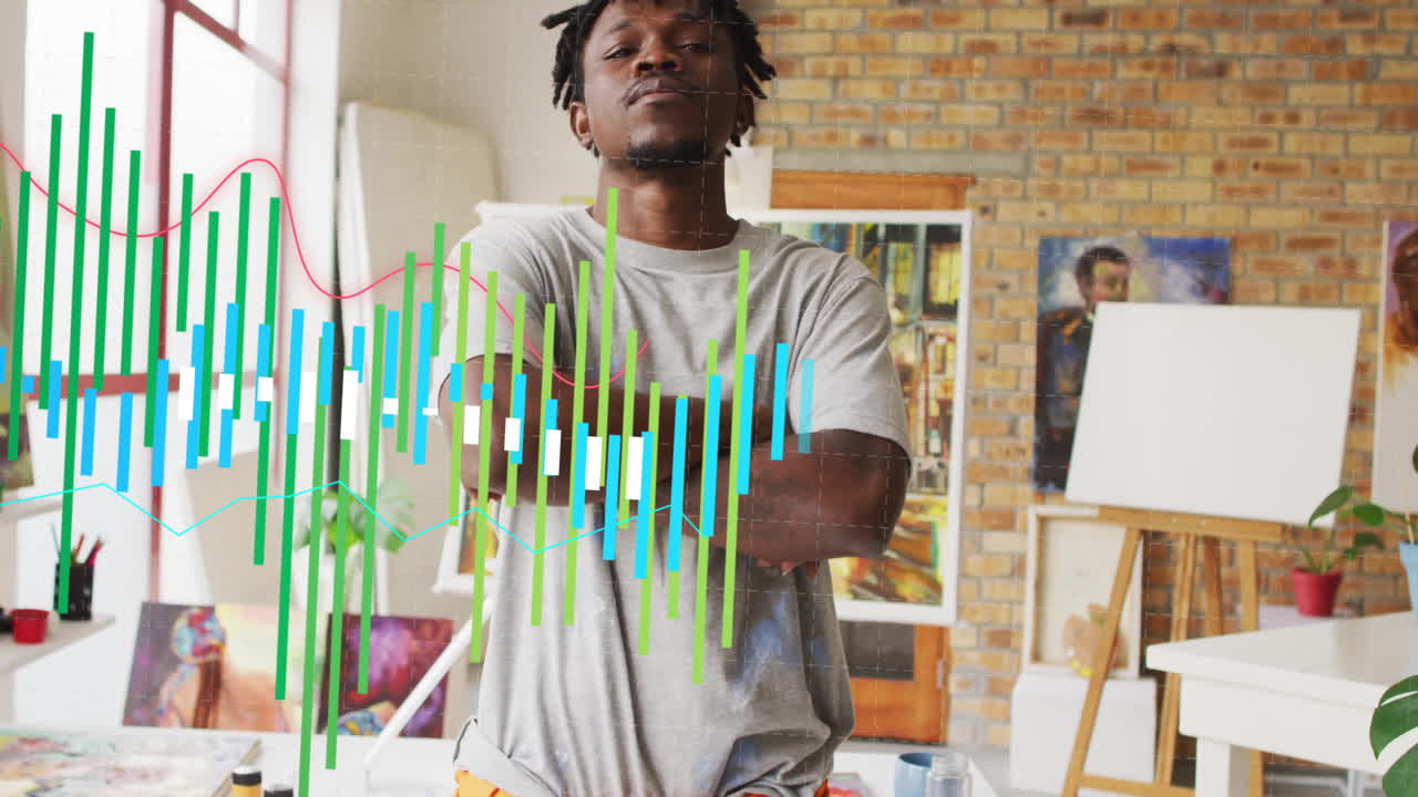 animación del procesamiento de datos financieros sobre un empresario afroamericano en el cargo