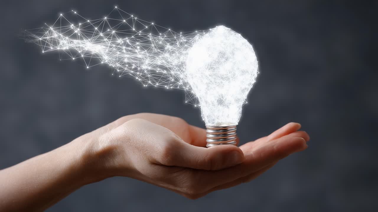 A Hand Holding an Illuminated Light Bulb Surrounded by a Network of Sparkling Particles, Symbolizing Innovative Ideas and Creativity in a Modern Context